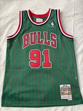 Mitchell & Ness Chicago Bulls Green Pinstripe #91 Rodman Jersey Youth L